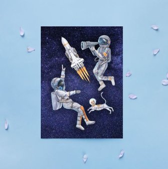 Astronauten Familie in de Ruimte - Ansichtkaart