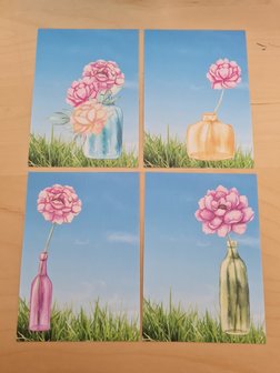 Watercolor Bloemen in Vaasjes in het Gras - Set van 4 Ansichtkaarten