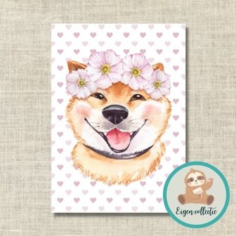 Hond met Bloemenkrans Roze - Ansichtkaart