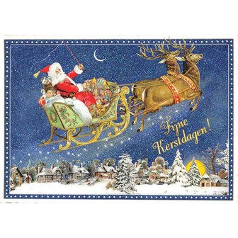 Fijne Kerstdagen! Kerstman in Slee met Rendieren - Ansichtkaart