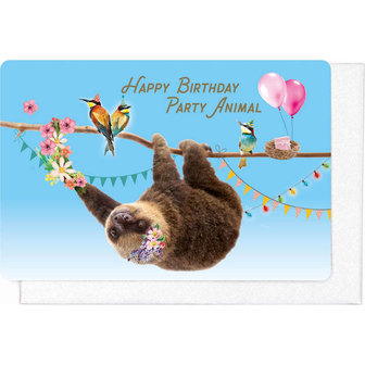 Happy Birthday Party Animal Luiaard - Dubbele Kaart met Envelop