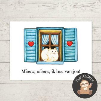 &#039;Miauw, miauw, ik hou van jou!&#039; Kat in Raam - Ansichtkaart