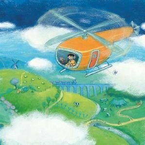 Kind vliegt in Helikopter Illustratie - Wenskaart met Envelop