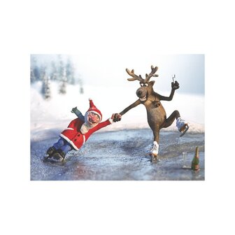 Winterdag Kerstman en Rendier - Ansichtkaart