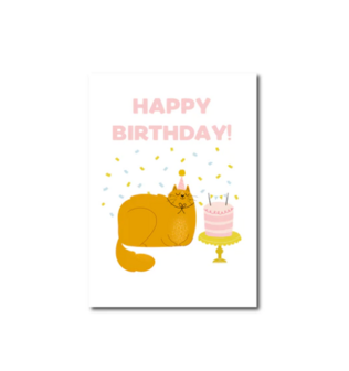 'Happy Birthday' Kat met Taart - Ansichtkaart