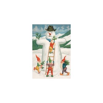 Kabouters in de Sneeuw met Sneeuwpop - Ansichtkaart