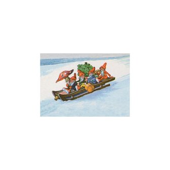Kabouters rijden op een Slee in de Sneeuw - Ansichtkaart
