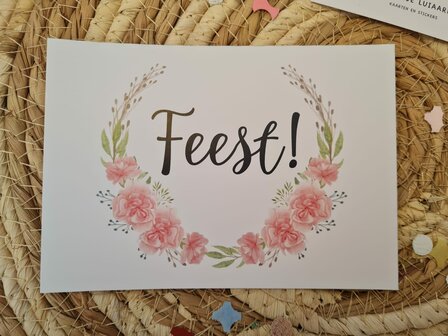 'Feest!' Krans Bloemen - Ansichtkaart
