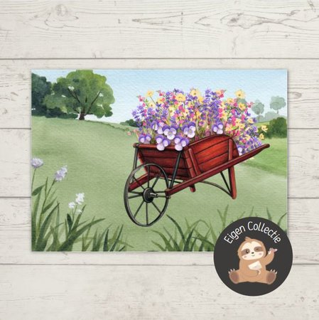 Kruiwagen met Voorjaarsbloemen Lente - Ansichtkaart