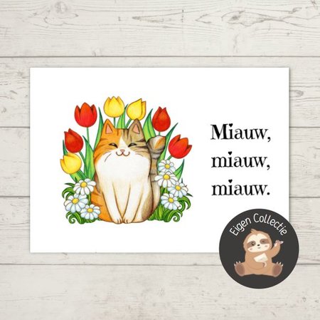 'Miauw, miauw, miauw.' Kat met Tulpen - Ansichtkaart