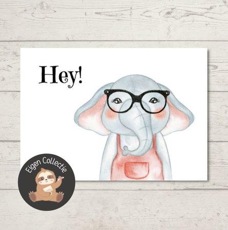 'Hey!' Olifantje met Bril - Ansichtkaart