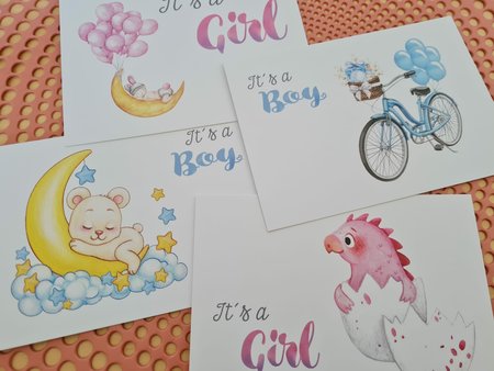 Geboorte Jongen en Meisje - Set van 4 Ansichtkaarten